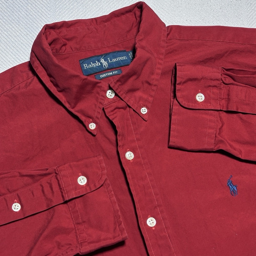 Ralph Lauren Button Down Shirt Mens XL Solid Red Custom Fit Cotton Navy Pony